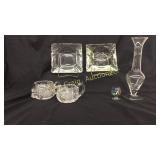 Misc items. (2) glass ashtrays, 1 etched. (1)