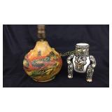 (1) Hand painted lamp base, dated 1929. (1) hand