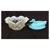 (1) Hand blown bowl with fluted edge. (1) Blue