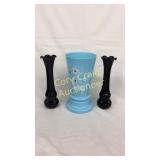 (1) Hand painted blue vase with white flowers.