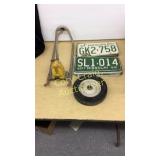Yard Sprinkler, Wagon Wheel, Old License plates