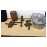 Wood Clamp, Wood Keg, Old Wood Hammer, Ax,