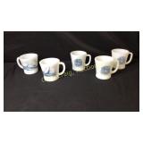 5 Currier & Ives Milk Glass Coffee Cups Marked