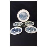 Currier & Ives Cake Plate & 4 Dessert Plates