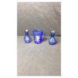 Pair Blue Glass Vases, Shirley Temple Pitcher