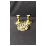 Flower Frog, 2 Brass Candle Holders