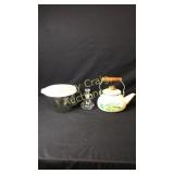 Baked enamel Tea Pot, Vinegar Cruet, Pyrex