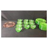 1 Pink Plate, 39 Pc Green Glass Plates and Cups