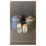 Metal Gas Can, Granite Coffee Pot, 2 Glass Jars