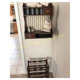 Country pine wall hanging shelf with contents and