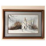 Painting of old country church, signed by artist