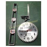 Level, square and a Sears & Roebuck saw Blade