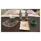 Green Glass, Porcelain Plate, Clear Glass Bowl,