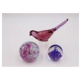 2 Art Glass Paperweights & Fenton Bird