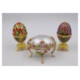 3 Enamel & Jeweled Faberge Style Treasure Eggs