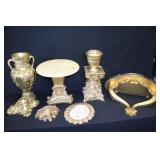 Gold-tone vases, stands, tables, wall shelves