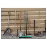 Garden Tools- Push Broom, Scoop Shovel, Rakes,