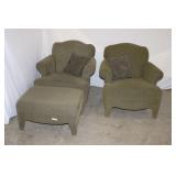 2 Green Arm Chairs & Ottoman