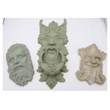 2 Cast Stone Faces & metal Door Knocker