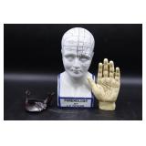 Phrenology Head, Bronze Jaw Bone, & Hand