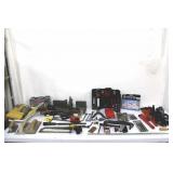 Assorted hand tools, clamps, miter saw