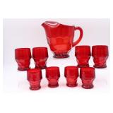 Vintage Red Ice Lip Pitcher & 8 Glass Tumblers