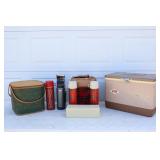 Vintage Cooler, Thermos, Picnic Basket