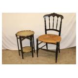 Rush Bottom Chair & 2-Tier Brass Tray Table