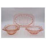 Adam Pink Glass Platter, Oval & Square Bowl
