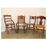 Cane Bottom Rocker & 3 Chairs