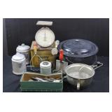 Old Kitchen Utensils, Mill, Pot, Biscuit Tin