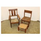 Oak Youth Rocker, Chair & Woven Foot Stool