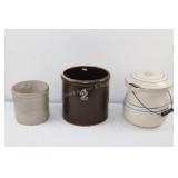2 Crocks and Lidded Crock Slop Jar