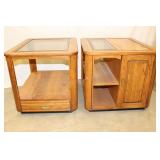 2 Oak Glass Top Side Tables