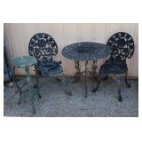Cast Iron Table, 2 Chairs, Plant Stand