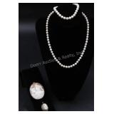 2 Antique Cameos, Pearl Bracelet and Necklace