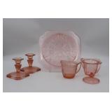 Adam Pink Glass Cake Plate, Creamer, Sugar,