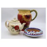 Pottery Pitcher, Tea Pot &  Ashtray