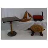 Wood Table, Turtle Stool, Ship &  Wagon