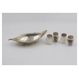 Sterling Silver Leaf Dish & 4 Shakers
