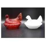 Amberina & Milk Glass Hen on Nests