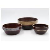 3 Brown Glaze Graduated Crock Bowls