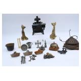 Cast iron stove, brass cats, light fixture