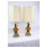 Pr Retro Brass Amber Glass Lamps