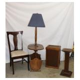 Floor Lamp, Wood Bin, Chair, Plant Stand
