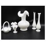 Hobnail Milk Glass Vases & Basket