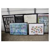 Framed posters and new flour sack towel framed