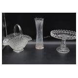 Glass Basket, Cake Stand & Vase