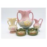 3 Hull Pottery Vases & Pr Roseville Candle Holders