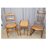 Antique Cane Bottom Rocker, Chair & Table
